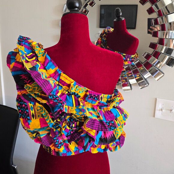Wimba African Print One-Shoulder Ruffle Crop Top (Pink Yellow Kente) - Picture 3 of 3